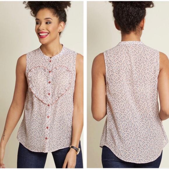ModCloth Sweet and Smart Sleeveless Floral Ruffle Prairie Heart Blouse Top M - Picture 9 of 9